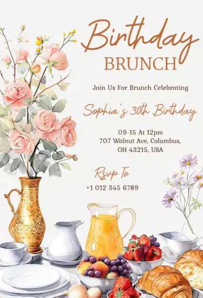 spring brunch invitation template with soft pink roses for birthday brunches