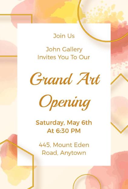 Watercolor gold frame grand art opening formal invitation template