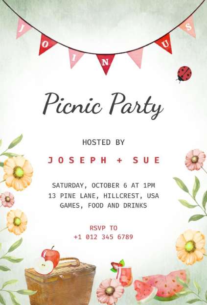 A soft watercolor floral layout included in charming picnic invitation template
