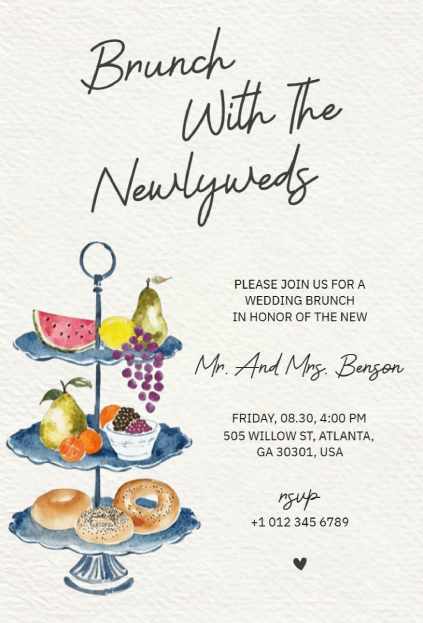 Watercolor tiered stand newlywed brunch invitation template with fruit and desserts