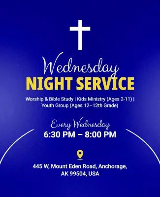 Wednesday Night Service royal-blue gradient church invitation template