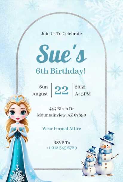 Elegant Frozen birthday invitation template with soft icy textures and winter charm