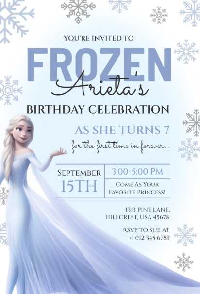 Dreamy Frozen birthday invitation template with soft pastel winter landscapes