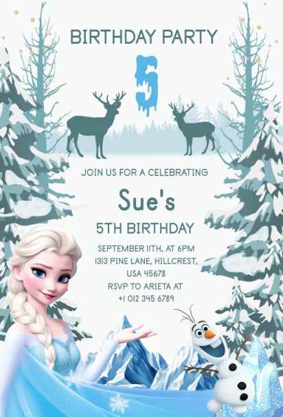 Serene Frozen birthday invitation template with frosted forest and gentle snowfall
