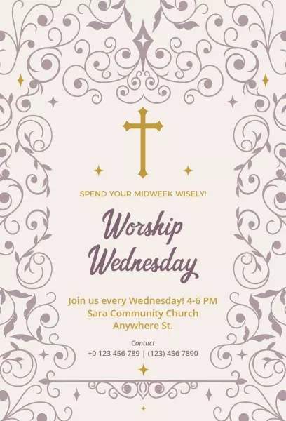 Worship Wednesday Service grey scrollwork gold cross church invitation template