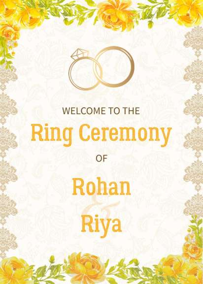 Yellow floral ring ceremony welcome party invitation template with gold rings