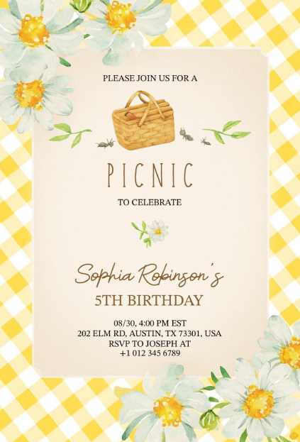 Yellow gingham picnic invitation template decorated with soft floral accents