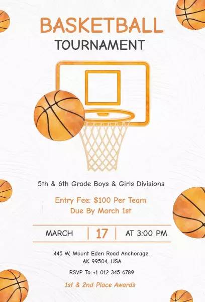 youth basketball tournament invitation template with playful basketball and hoop illustrations