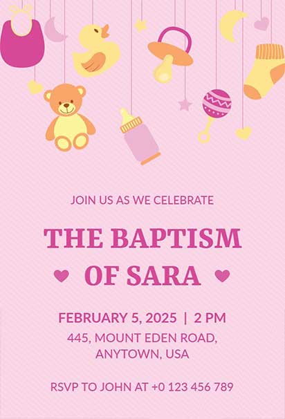Adorable Pink Baptism Invitation With Delicate Floral Details And Soft Pastel Shades
