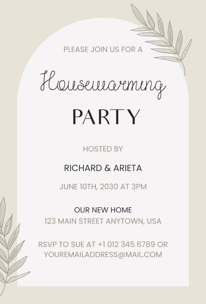 Aesthetic minimal housewarming invitation template in soft neutral tones.