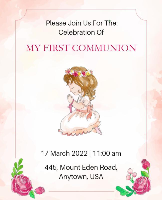 Watercolor pink First Communion invitation template with praying girl illustration.