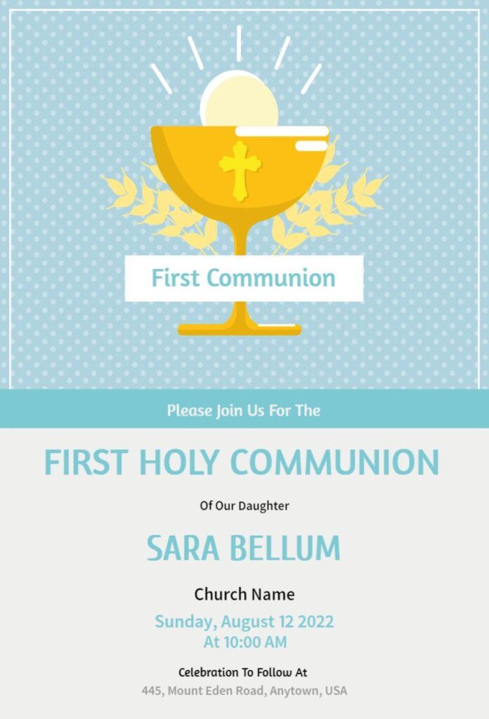 Aqua and beige First Communion invitation template with minimalist leaf patterns and soft background tones.