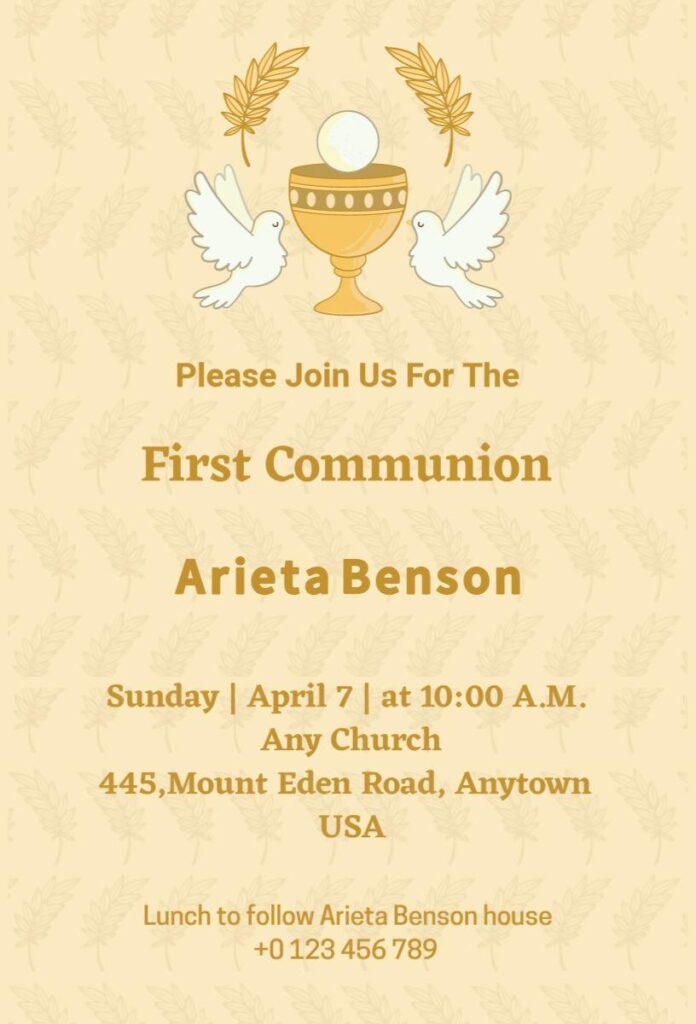 Modern portrait-style First Holy Communion invitation template with lavender and gold accents.