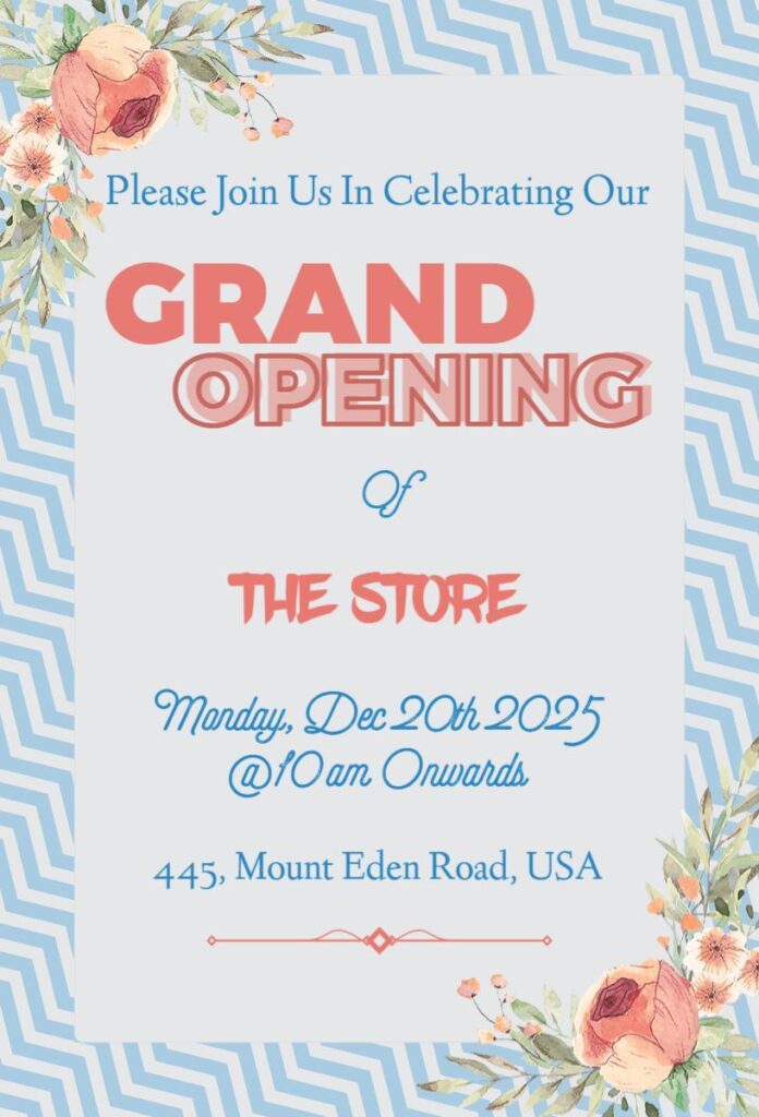 Grand Opening invitation template with blue zigzag background and floral design.
