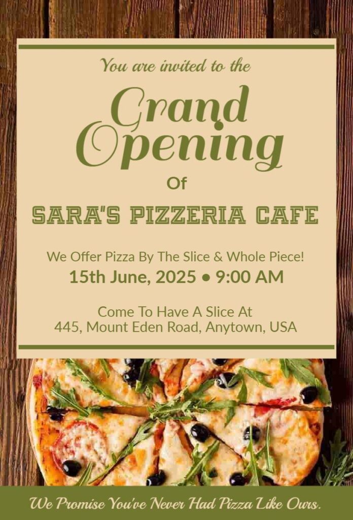 pizza restaurant grand opening invitation template with rustic wood background and sliced pizza image