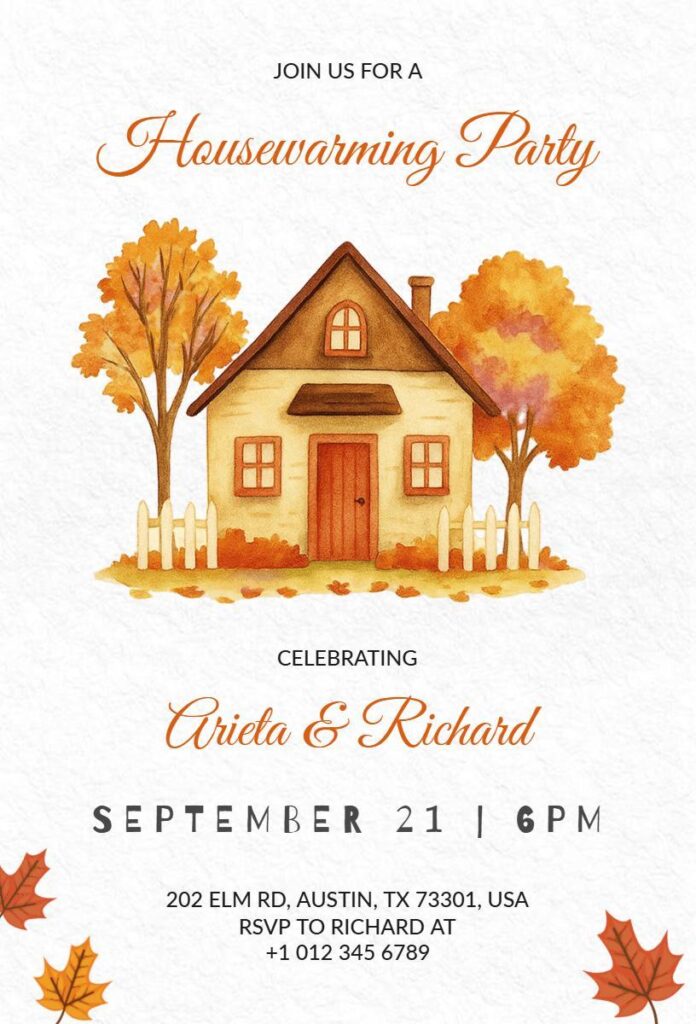Autumn-themed housewarming party invitation with fall leaves and cozy house illustration.