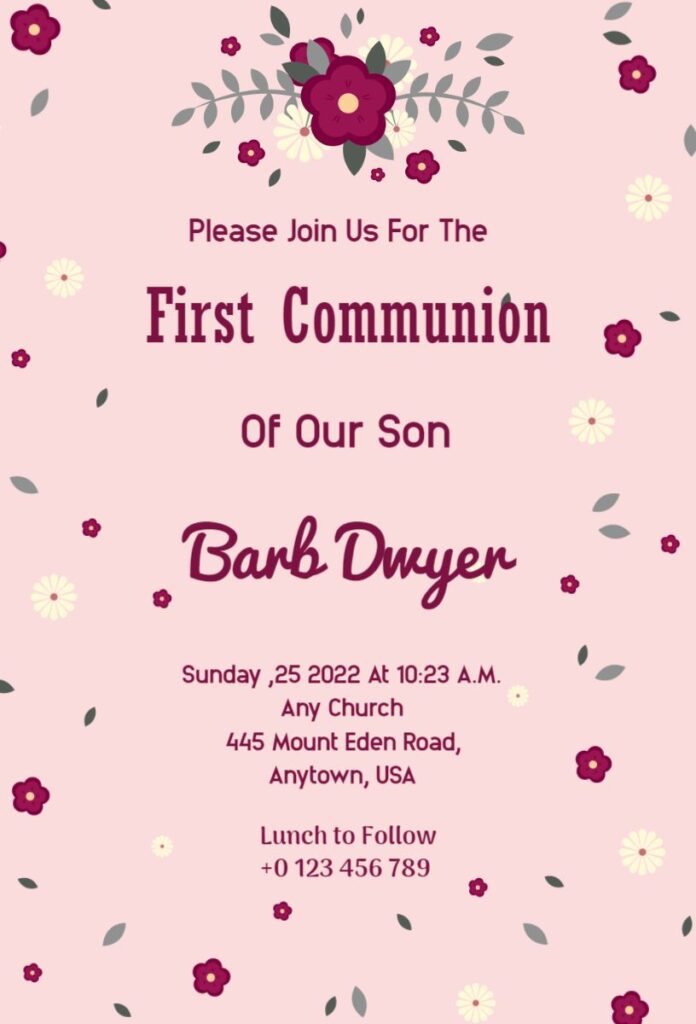 Pink azalea floral First Communion invitation template with delicate leaves and flowers.