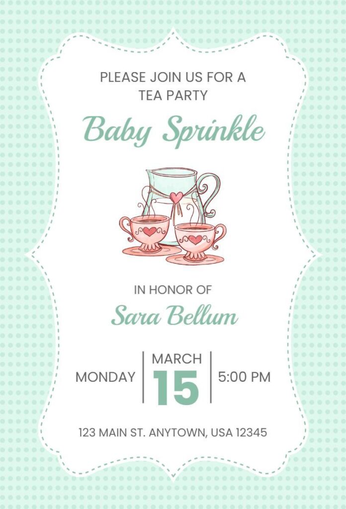 Pastel mint baby sprinkle tea party invitation with pink teacups illustration and decorative text