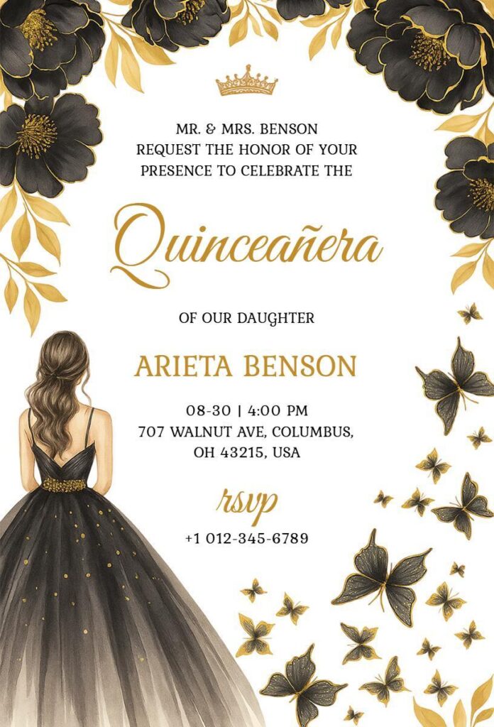 Black and gold Quinceañera invitation  template  with butterflies and floral details.
