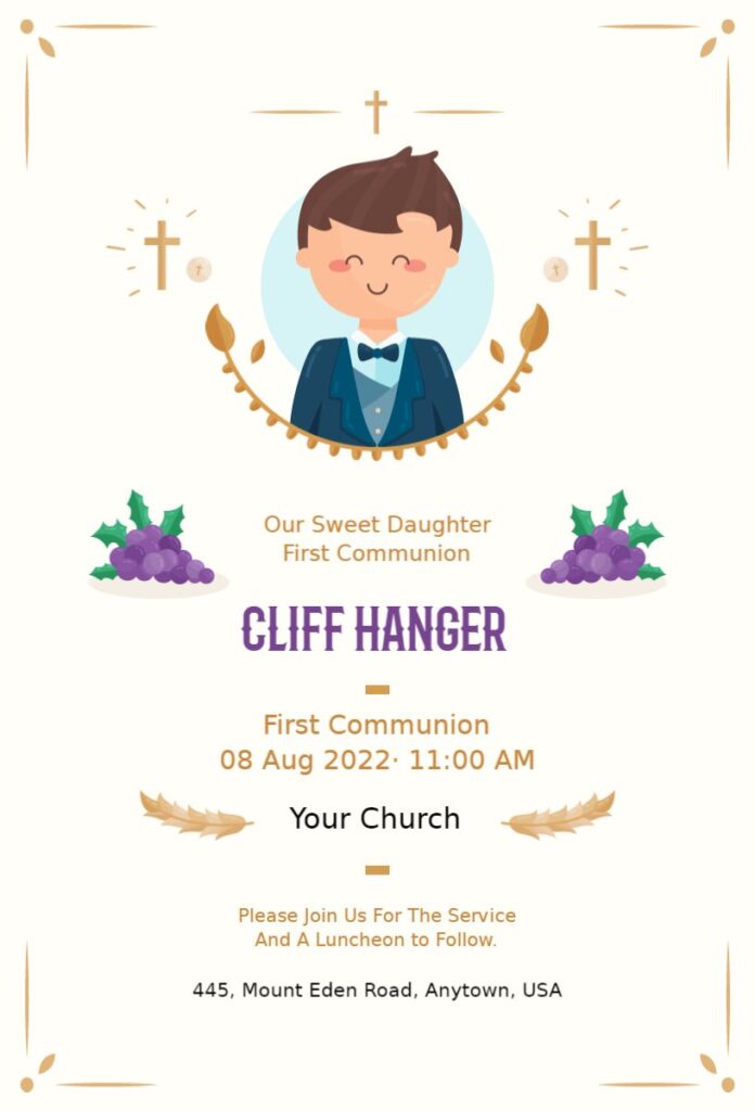 Modern black and white First Communion invitation template with minimalist layout.