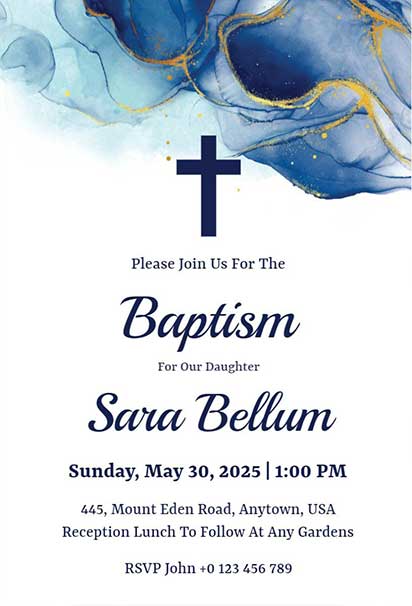 Blue And Gold Watercolor Baptism Invitation With Artistic Brushstroke Design And Elegant Accents