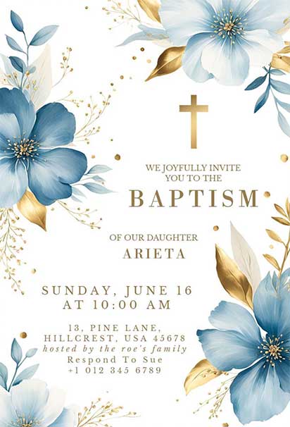 Sophisticated Blue and Gold Floral Baptism Invitation