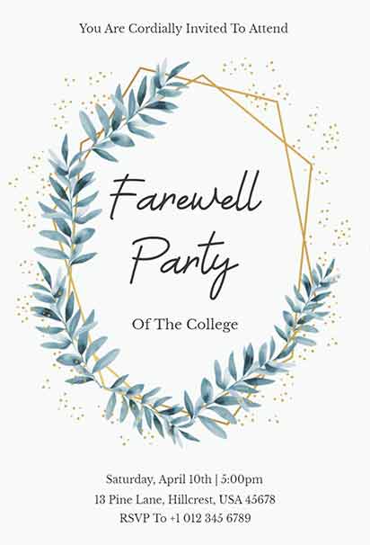 Blue Greenery Wreath Farewell Party Floral Invitation With Lush Leaves, Soft Blue Accents, And Elegant Natural Style