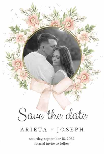 Blush Floral Wreath Save The Date Invitation With Soft Pink Blooms, Delicate Greenery, And Romantic Elegance