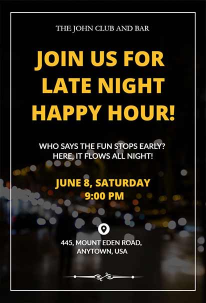 Bold Black And Gold Late Night Happy Hour Invitation With Elegant Accents, Sleek Design, And Sophisticated Vibe