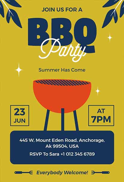 Bold Summer BBQ Party Invitation with Vibrant Colors and Playful Food Illustrations
