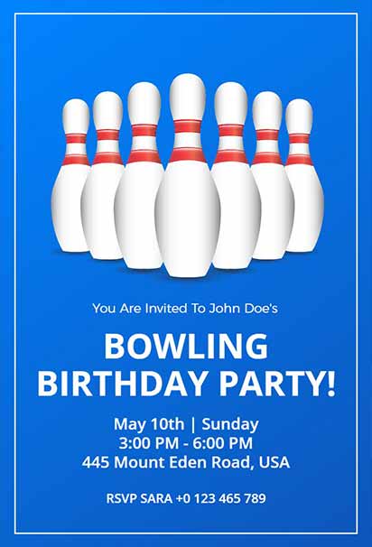 Bright Blue Classic Bowling Party Invitation With Fun Retro Design And Energetic Celebration Theme