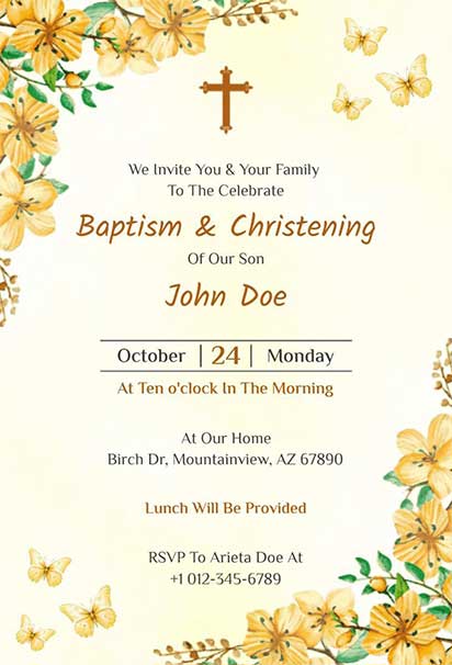 Bright Yellow Floral Baptism Invitation Featuring Nature-Inspired Design Elements
