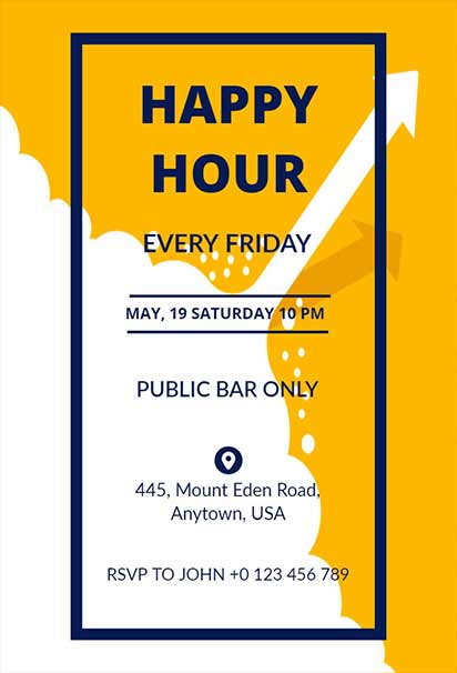 Bright Yellow Modern Happy Hour Invitation With Bold Typography, Clean Layout, And Energetic Design