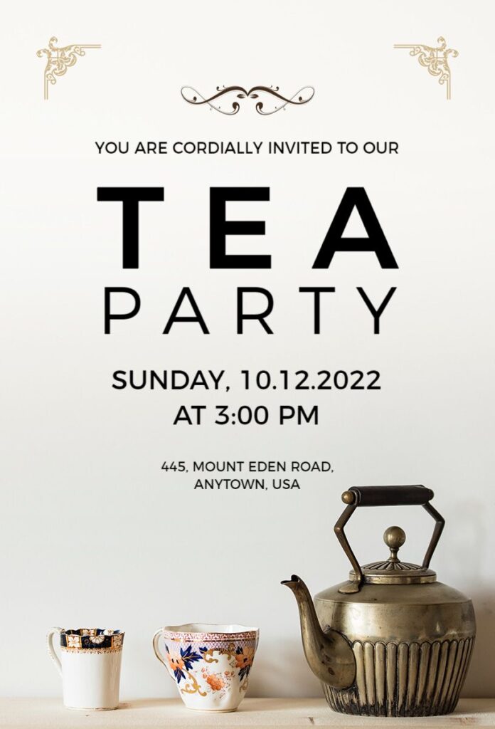 Elegant beige and gold tea party invitation with minimalist border and classic text layout
