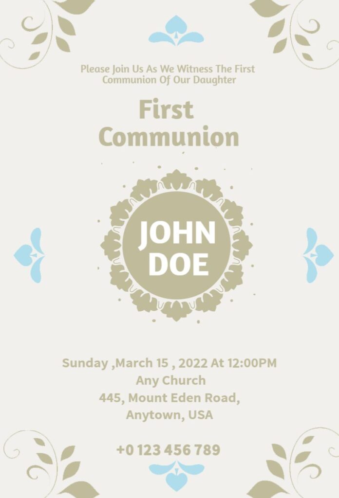 White marble-style First Communion invitation template with gold decorative details and elegant typography.