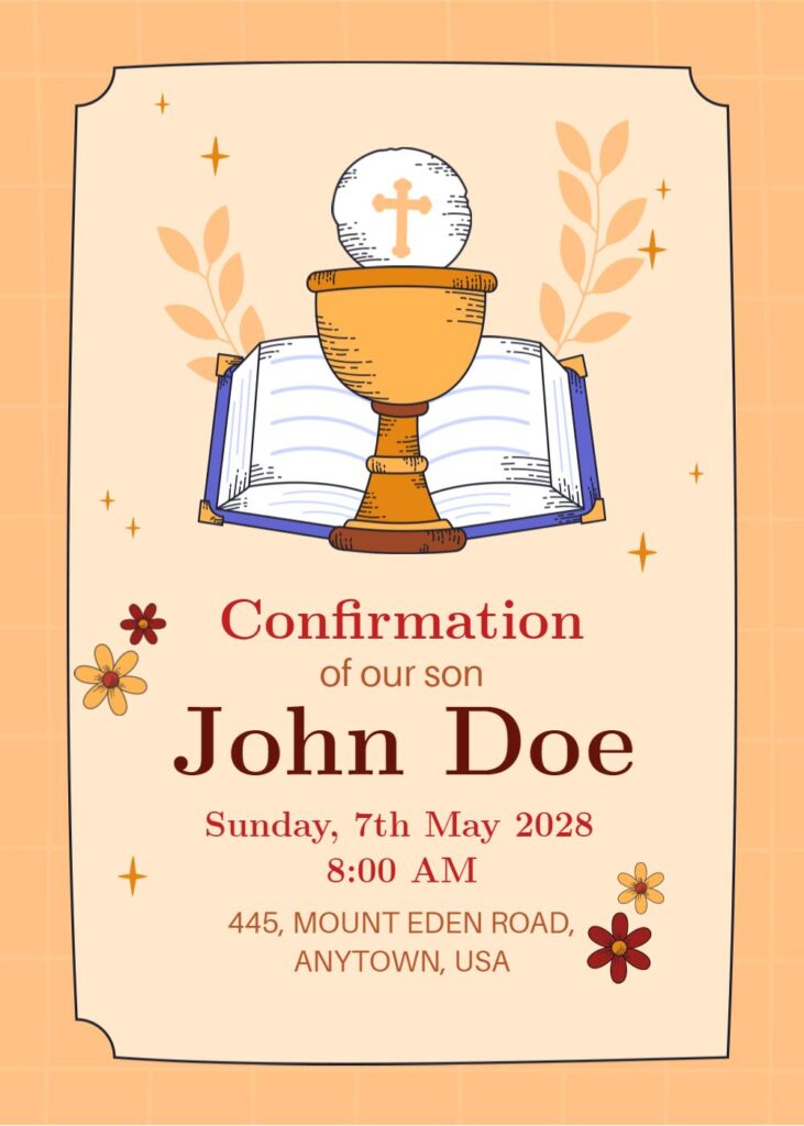 A golden-yellow Confirmation invitation featuring a cross and floral accents in a classic, elegant design