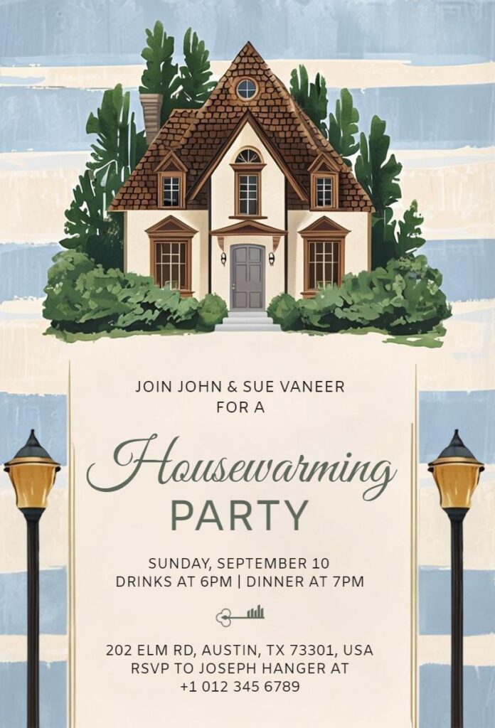  Elegant, charming housewarming party invitation with detailed house illustration