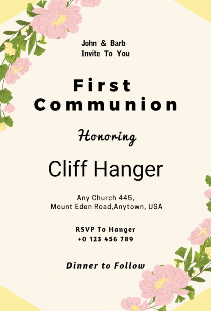 Yellow and white First Communion invitation template with floral edges and classic typography.