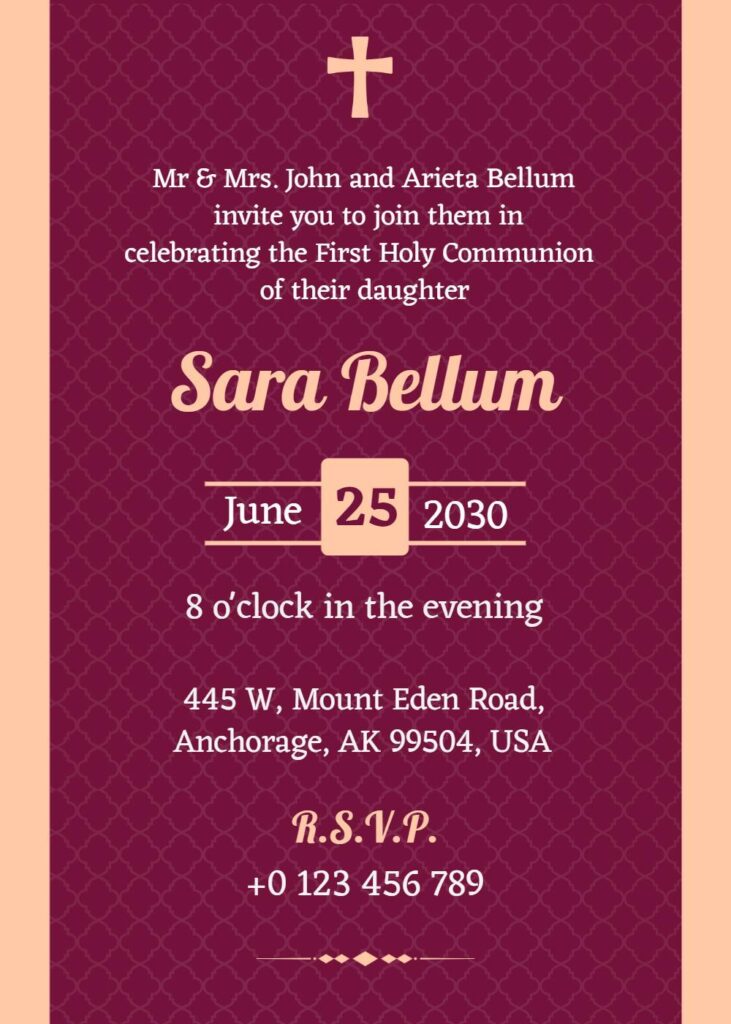 Burgundy First Communion invitation template with gold cross and classic pattern.