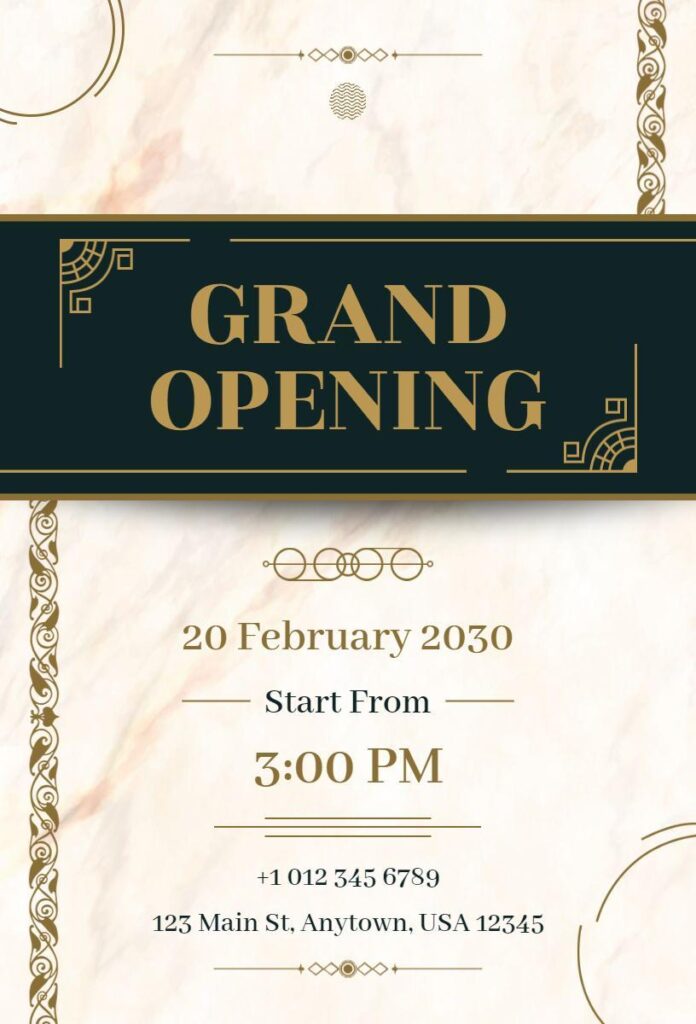 Classic marble and gold grand opening invitation with elegant decorative borders.
