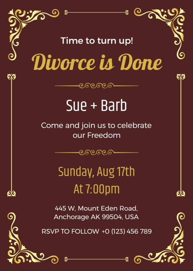 Elegant cocoa bean Divorce party invitation template with gold floral borders and modern typography