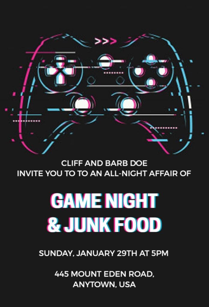 Black Game Night invitation with glitch effect and neon controller illustration