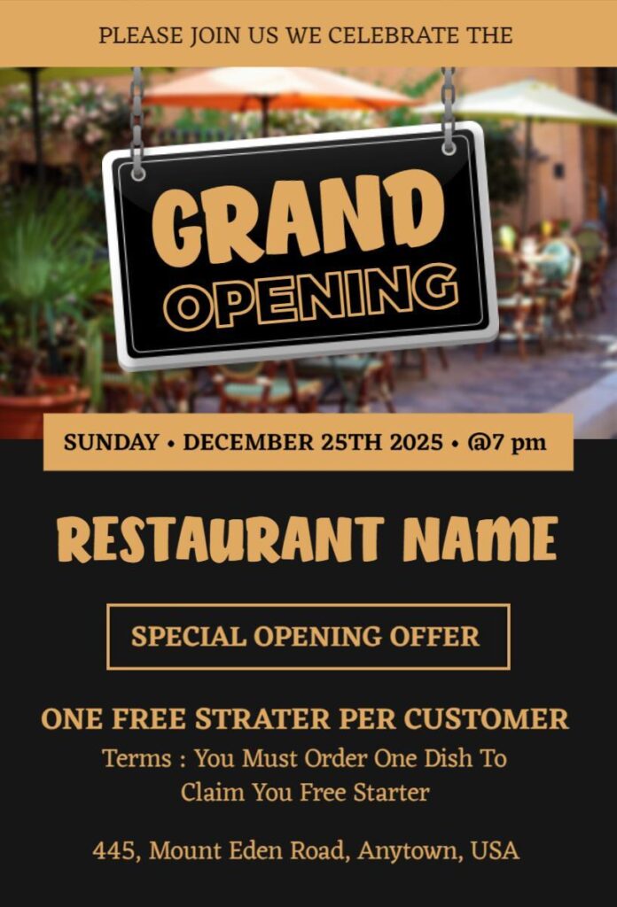 restaurant grand opening invitation template with black and gold signboard and café background
