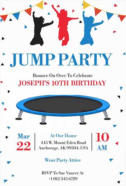 Colorful Trampoline Jump Disco Party Invitation With Bright Lights And Energetic Party Theme