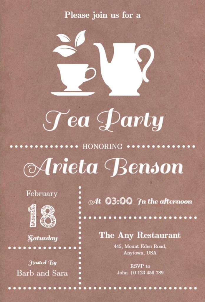 Classic brown tea party invitation with teapot and teacup silhouettes