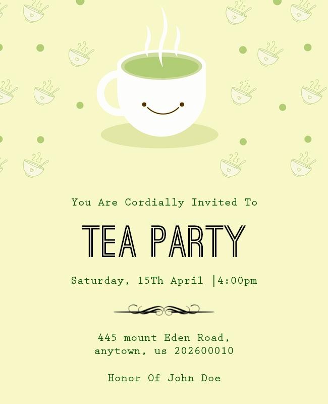 Corn Field Tea Party invitation with smiling teacup illustration and light yellow background