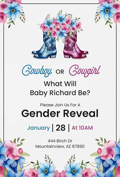 Cowboy Or Cowgirl Gender Reveal Floral Invitation With Playful Western Accents, Soft Blooms, And Cheerful Pastel Colors