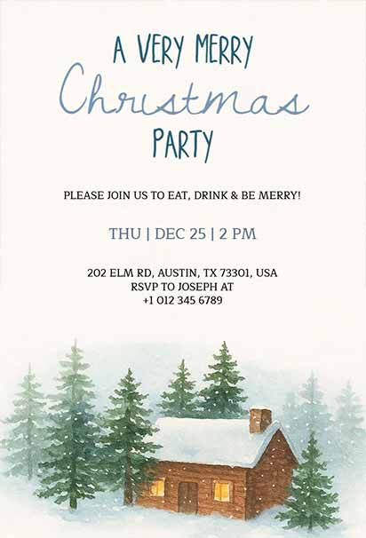 Cozy Cabin Merry Christmas Party Invitation Featuring Warm Festive Details