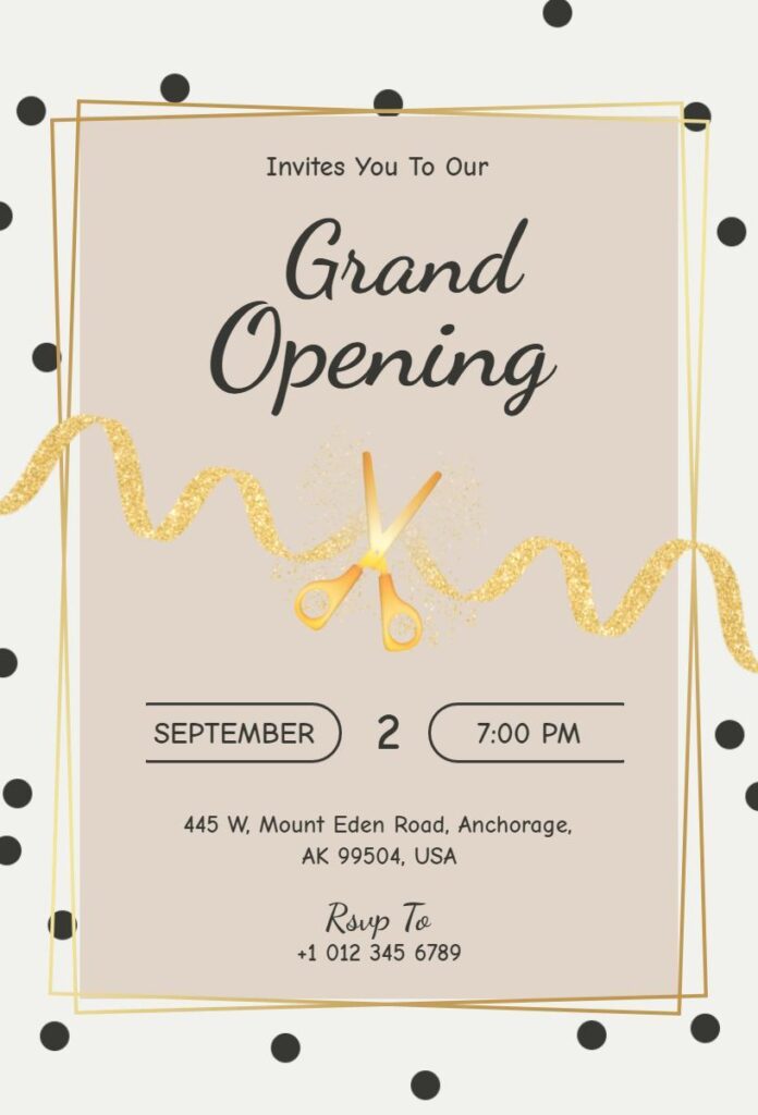 Minimalist creative grand opening invitation template with golden ribbon and scissors
