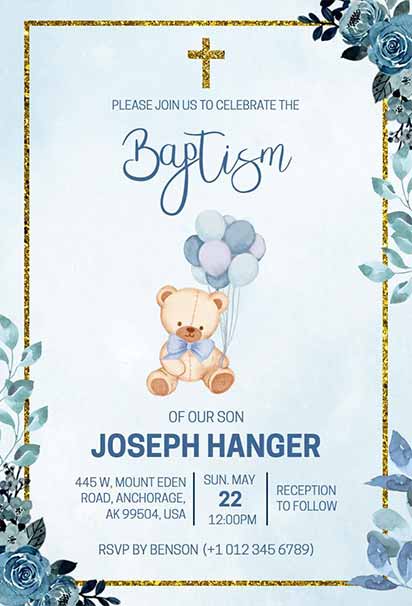 Cute Blue Bear Baptism Invitation With Gold Accents And Playful Design